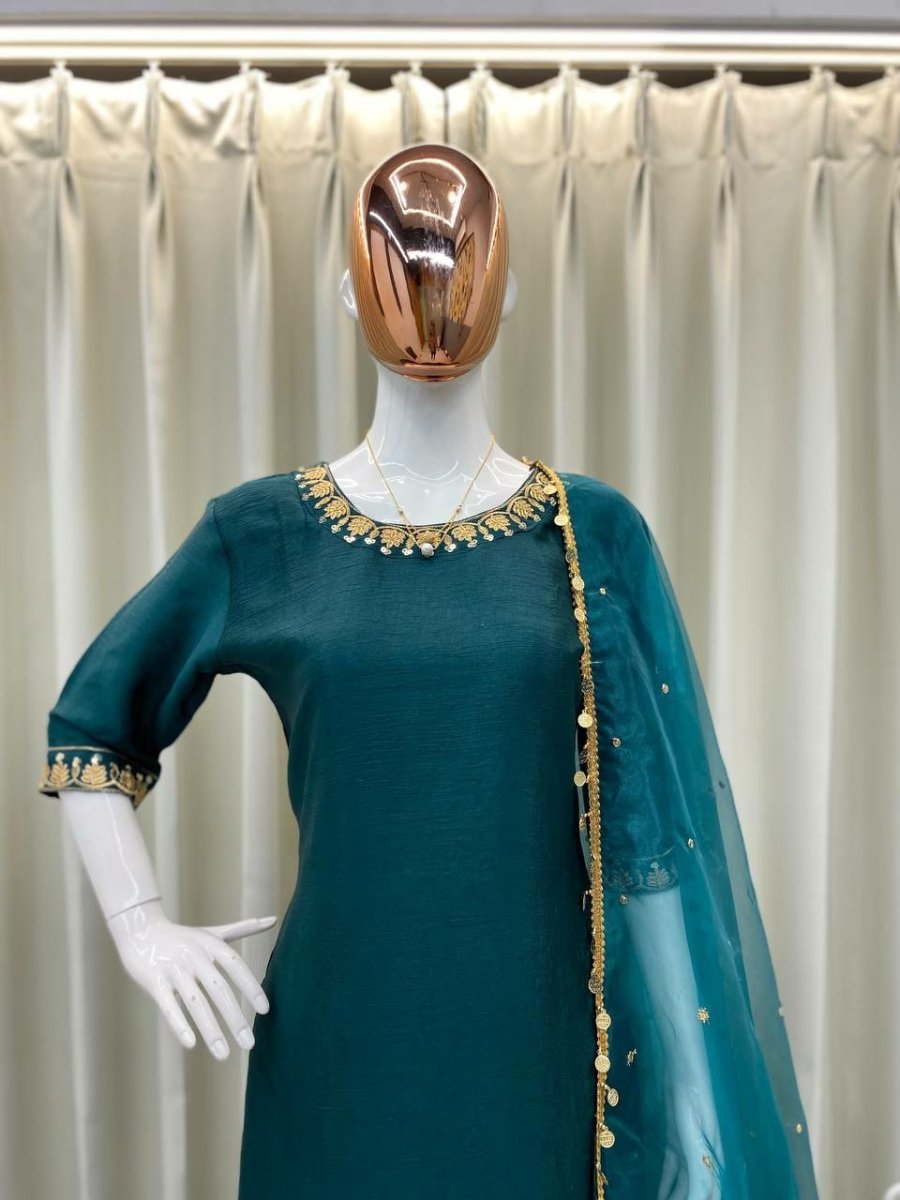 Teal Green Chinon Silk Embroidered Punjabi Suit Set - BONYHUBSALWAR KAMEEZ