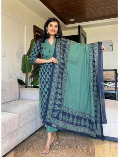 Teal Green Cotton Printed Salwar Suit (Set of 3) - BONYHUBSALWAR KAMEEZ