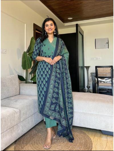 Teal Green Cotton Printed Salwar Suit (Set of 3) - BONYHUBSALWAR KAMEEZ