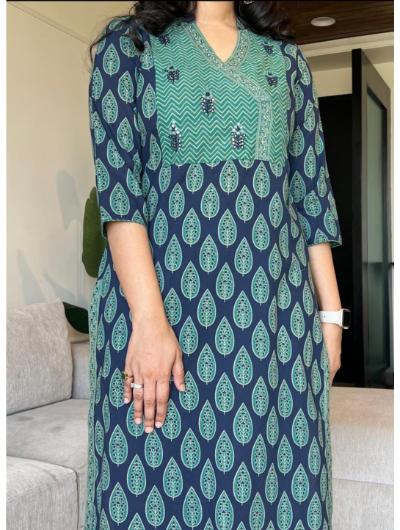 Teal Green Cotton Printed Salwar Suit (Set of 3) - BONYHUBSALWAR KAMEEZ