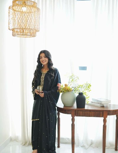 Twilight Black Embroidery Sequins Work Farshi Suit Set - BONYHUBSALWAR KAMEEZ
