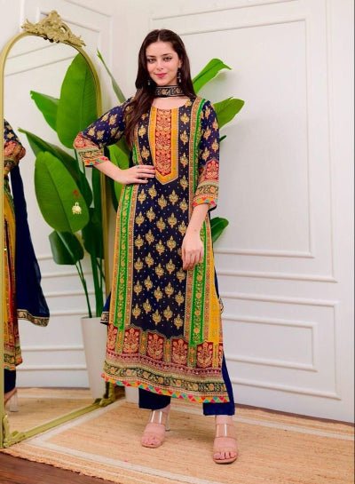 Viha Plus Size Navy Blue Muslin Digital Print Salwar Suit Set - BONYHUBSALWAR KAMEEZ