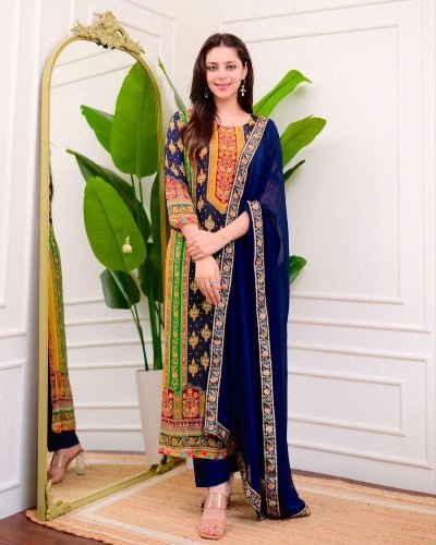 Viha Plus Size Navy Blue Muslin Digital Print Salwar Suit Set - BONYHUBSALWAR KAMEEZ