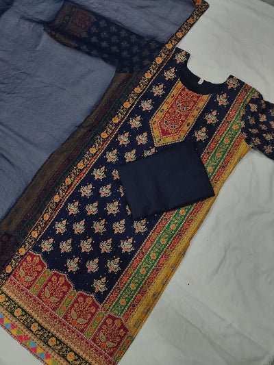 Viha Plus Size Navy Blue Muslin Digital Print Salwar Suit Set - BONYHUBSALWAR KAMEEZ