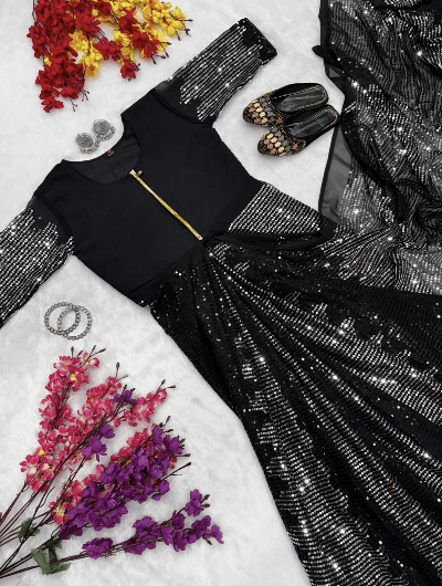 Viral Black Sequin 10 Second Saree Gown UK Next Day - BONYHUBSAREE