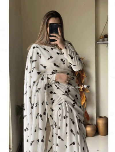 White Black Full Sleeves Georgette Readymade Gown Saree UK Next Day - BONYHUBSAREE