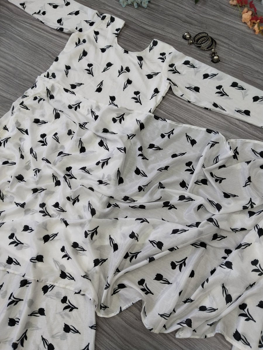 White Black Full Sleeves Georgette Readymade Gown Saree UK Next Day - BONYHUBSAREE