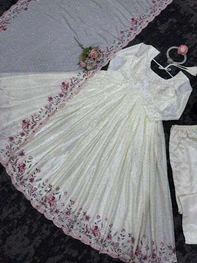 White Chinon Mukesh Work Anarkali Suit Set UK Next Day - BONYHUBSALWAR KAMEEZ