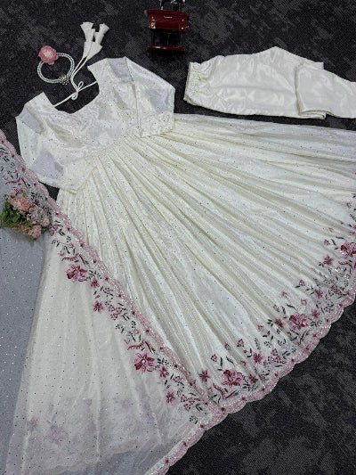 White Chinon Mukesh Work Anarkali Suit Set UK Next Day - BONYHUBSALWAR KAMEEZ