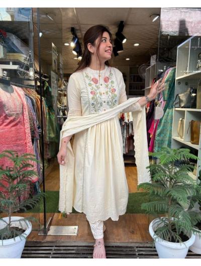 White Cotton Chikan Embroidered Anarkali Suit - BONYHUBSALWAR KAMEEZ