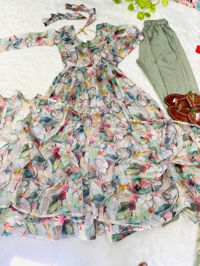 White Organza Tabby Silk Floral Anarkali Gown Suit Set - BONYHUBSALWAR KAMEEZ