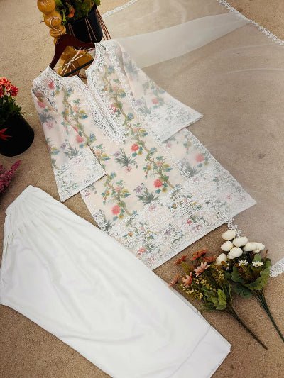 White Pure Organza Silk Printed Farshi Suit Set - BONYHUBSALWAR KAMEEZ