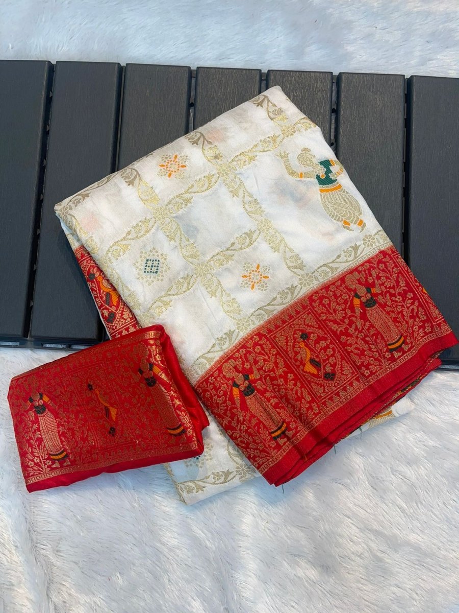 White Red Banarasi Sari Uk Next Day - BONYHUBSAREE