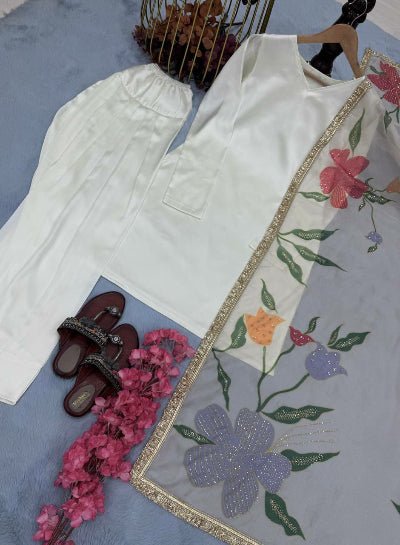 White Satin Silk Farshi Salwar Suit With Organza Dupatta UK Next Day - BONYHUBSALWAR KAMEEZ