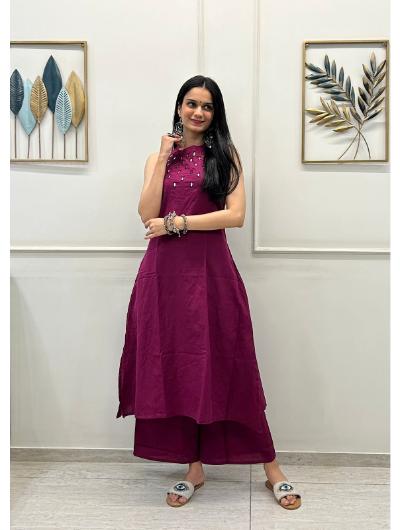 Wine Embroidered Co - ord Set with Kurta Pant (Set of 2) - BONYHUBSALWAR KAMEEZ