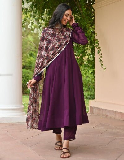 Wine Georgette Plain Anarkali Suit With Printed Dupatta - BONYHUBSALWAR KAMEEZ