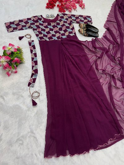 Wine Georgette Zip & Go 10 Second Saree Gown UK Next Day - BONYHUBSAREE