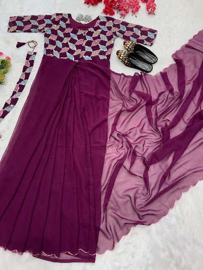 Wine Georgette Zip & Go 10 Second Saree Gown UK Next Day - BONYHUBSAREE