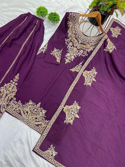 Wine Graceful Embroidered Chinnon Silk Palazzo Suit UK Next Day - BONYHUBSALWAR KAMEEZ