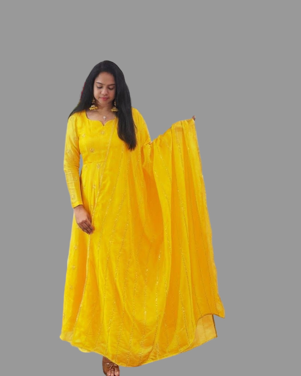 Yellow Chinon Intricate Flowy Anarkali Dupatta Set Of 2 UK Next Day - BONYHUBSALWAR KAMEEZ