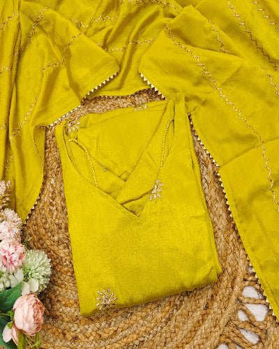 Yellow Chinon Intricate Flowy Anarkali Dupatta Set Of 2 UK Next Day - BONYHUBSALWAR KAMEEZ
