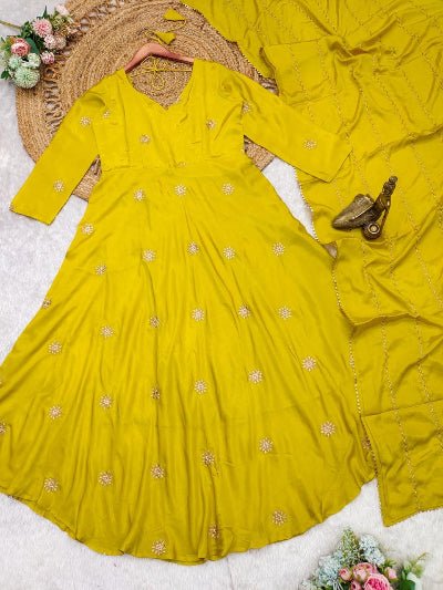 Yellow Chinon Intricate Flowy Anarkali Dupatta Set Of 2 UK Next Day - BONYHUBSALWAR KAMEEZ