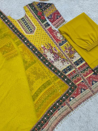 Yellow Chinon Silk Digital Print Mirror Work Suit Set - BONYHUBSALWAR KAMEEZ