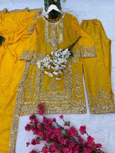 Yellow Chinon Silk Partywear Attractive Suit Set - BONYHUBSALWAR KAMEEZ
