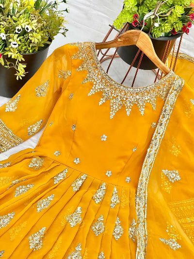 Yellow Georgette Full Heavy Embroidery Sequence Work Anarkali Suit Set - BONYHUBSALWAR KAMEEZ