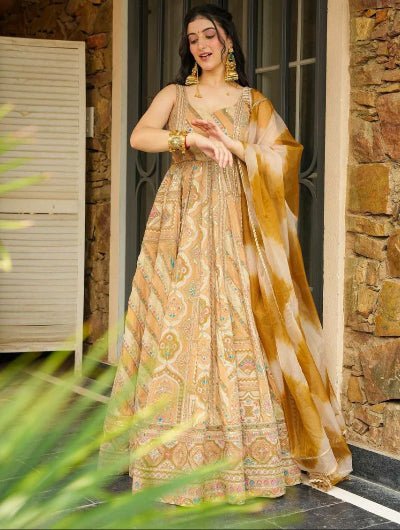 Yellow Gold Printed Organza Silk Flair Anarkali Dupatta Set Of 2 - BONYHUBSALWAR KAMEEZ