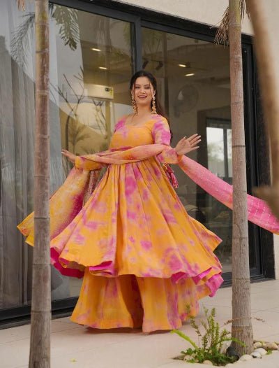 Yellow & Pink Vichitra Silk Digital Print Anarkali Suit Set - BONYHUBSALWAR KAMEEZ