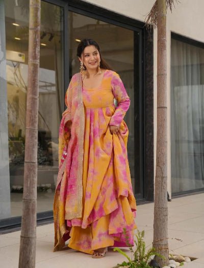 Yellow & Pink Vichitra Silk Digital Print Anarkali Suit Set - BONYHUBSALWAR KAMEEZ