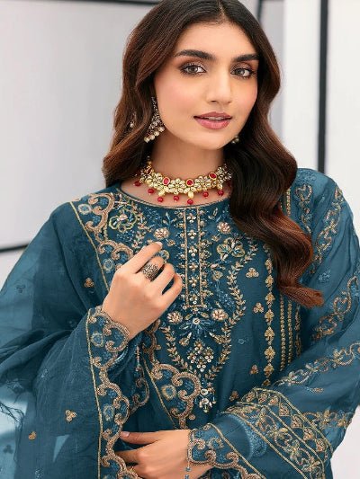 Zariya Collection Blue Organza Embroidery Sequins Salwar Suit UK Next Day - BONYHUBSALWAR KAMEEZ