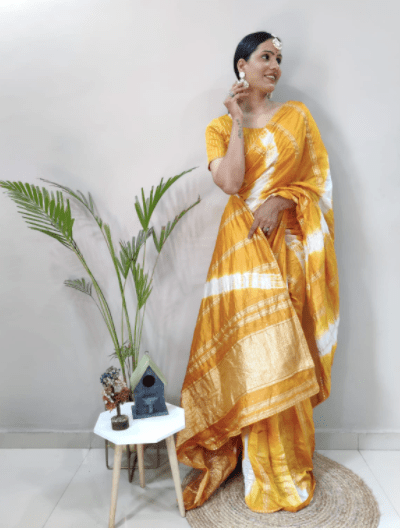 1 Min Saree Ready to Wear Mango Chanderi Silk Sari - BONYHUBSAREE
