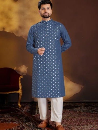 Blue Designer Gold Butti Cotton Men Kurta Pajama - BONYHUBMEN KURTA