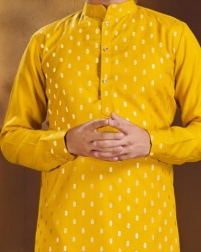 Designer Yellow Gold Silk Cotton Men Kurta Pajama - BONYHUBMEN KURTA
