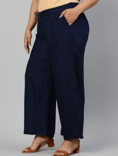 Navy Blue Plus size Women Cotton Wide Leg Palazzos - BONYHUBSALWAR