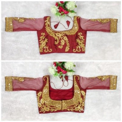 Red Embroidered Net Designer Readymade Saree Blouse - BONYHUBblouses