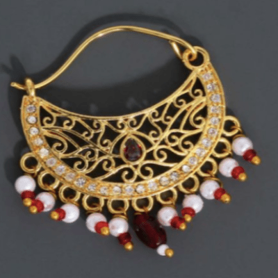Red Gold Piercing Ethnic Designer Pearl Traditional Nose Nathani - BONYHUBNOSE STUD