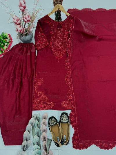 Deep Red Embroidered Farshi Suit Set