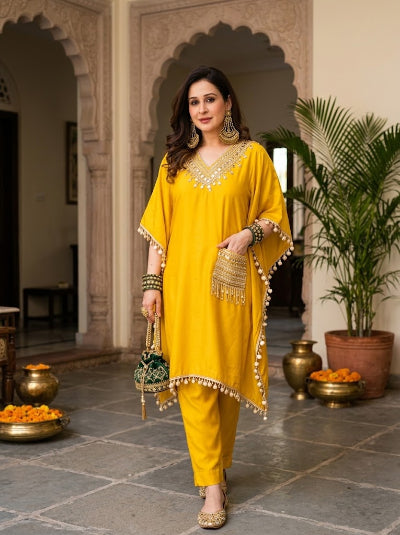 Yellow Mirrorwork Embroidered Kaftaan Pant Set UK Next Day