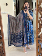 Blue Cotton Angharakha Style Anarkali Suit - BONYHUBSALWAR KAMEEZ