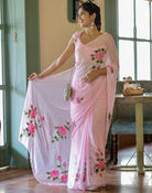 1 Min Baby Pink Floral Georgette Stitched Readymade Saree - BONYHUBSAREE