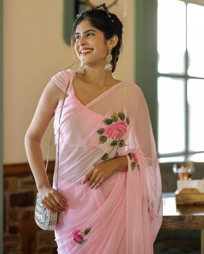 1 Min Baby Pink Floral Georgette Stitched Readymade Saree - BONYHUBSAREE