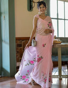 1 Min Baby Pink Floral Georgette Stitched Readymade Saree - BONYHUBSAREE