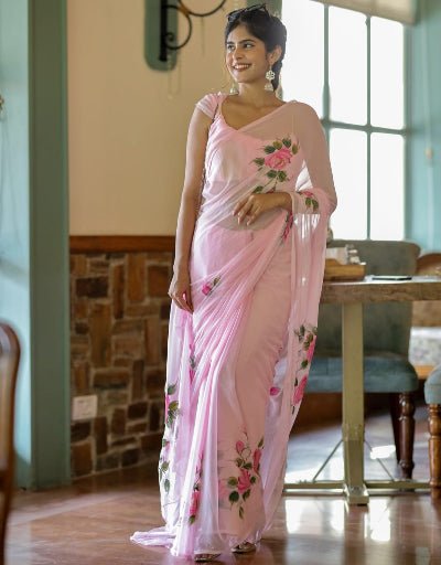 1 Min Baby Pink Floral Georgette Stitched Readymade Saree - BONYHUBSAREE