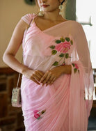 1 Min Baby Pink Floral Georgette Stitched Readymade Saree - BONYHUBSAREE