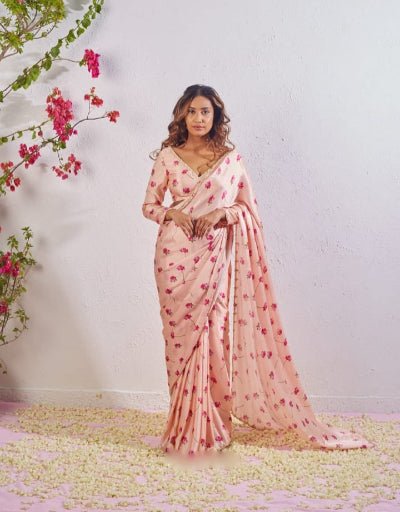 1 Min Baby Pink Floral Satin Silk Readymade Saree With Blouse UK Next Day - BONYHUBSAREE