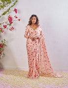 1 Min Baby Pink Floral Satin Silk Readymade Saree With Blouse UK Next Day - BONYHUBSAREE