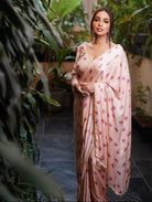 1 Min Baby Pink Floral Satin Silk Readymade Saree With Blouse UK Next Day - BONYHUBSAREE